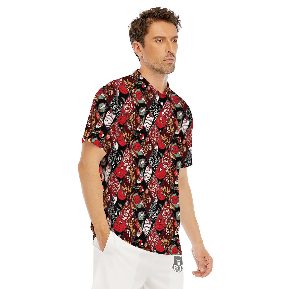 Patchwork Abstract Flower Print Pattern Men's Golf Shirts-grizzshop
