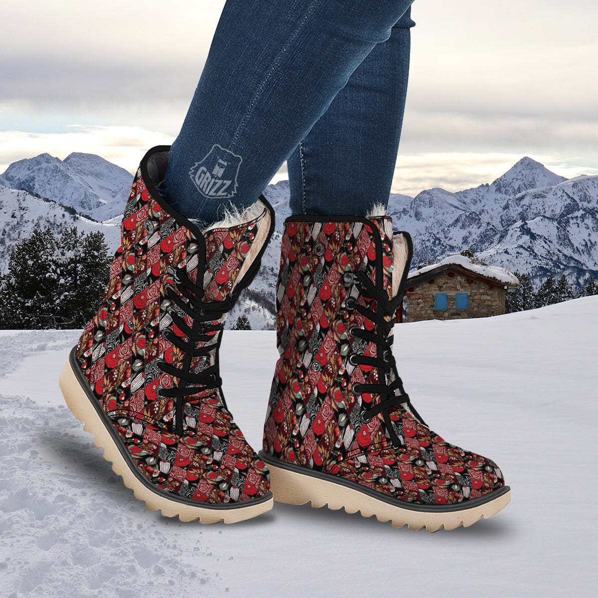 Patchwork Abstract Flower Print Pattern Snow Boots-grizzshop
