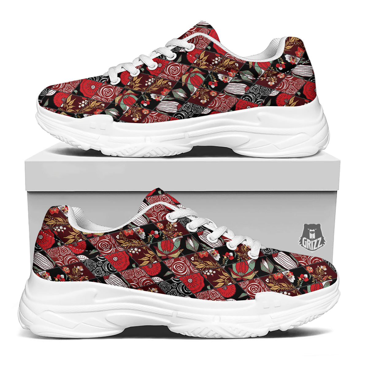 Patchwork Abstract Flower Print Pattern White Chunky Shoes-grizzshop