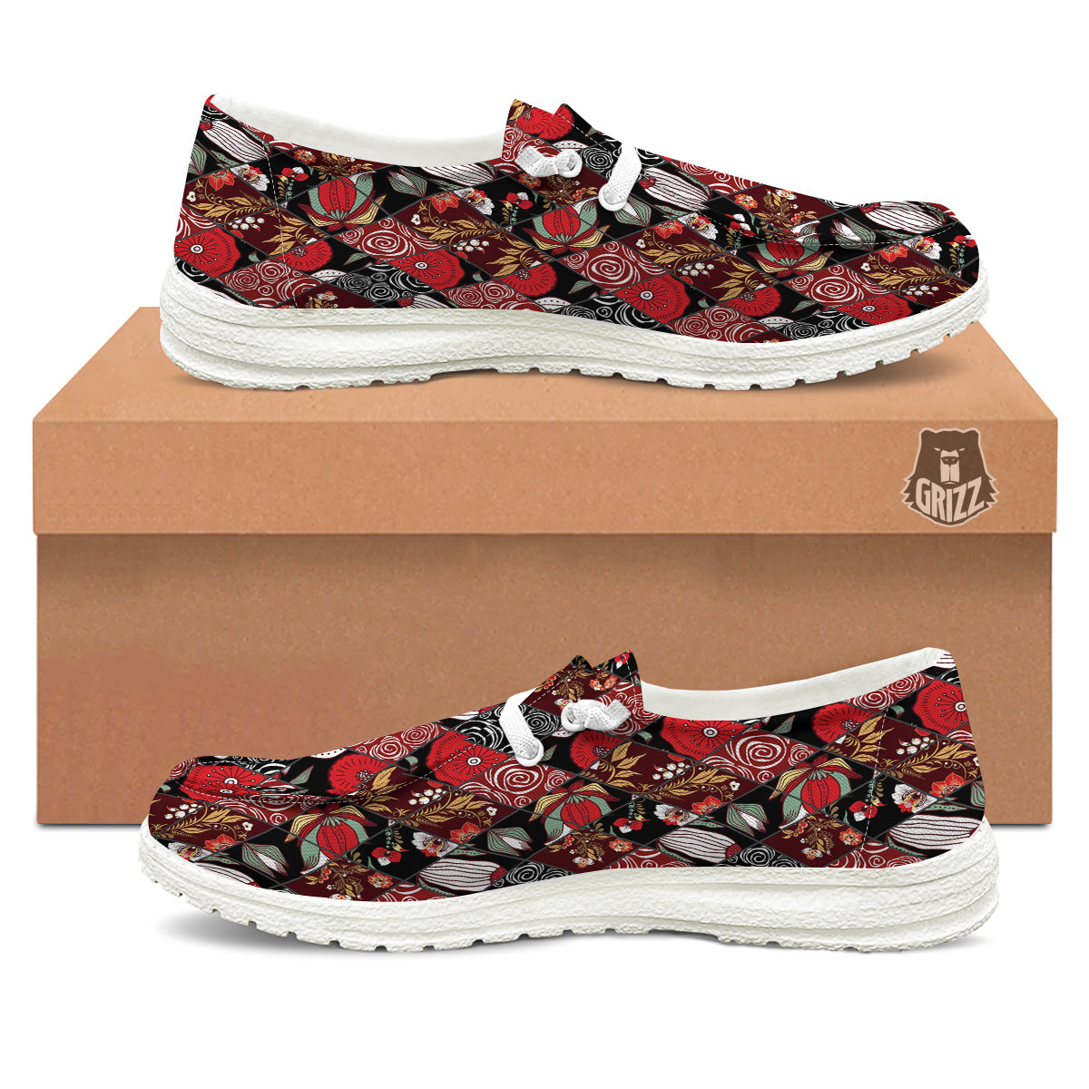 Patchwork Abstract Flower Print Pattern White Loafers-grizzshop