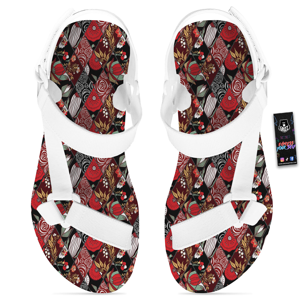 Patchwork Abstract Flower Print Pattern White Open Toe Sandals-grizzshop