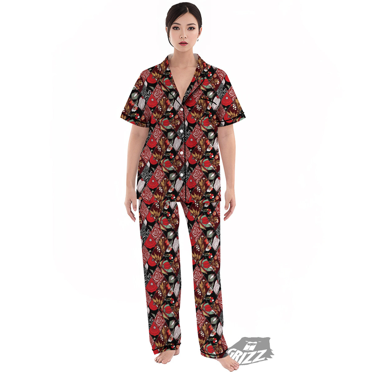 Patchwork Abstract Flower Print Pattern Women's Pajamas Set-grizzshop