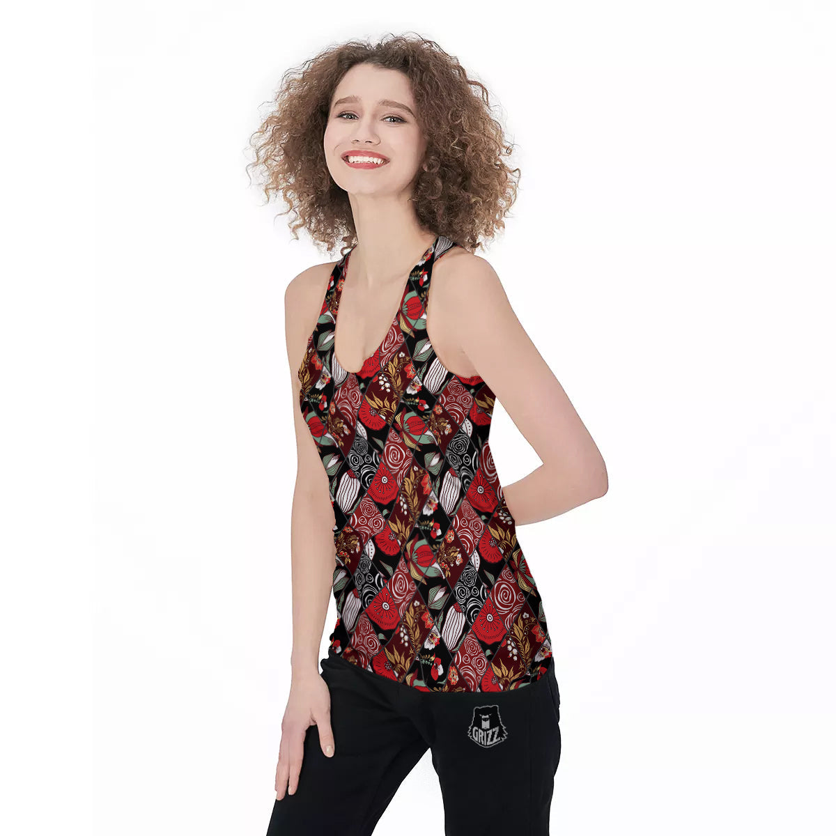 Patchwork Abstract Flower Print Pattern Women's Racerback Tank Top-grizzshop