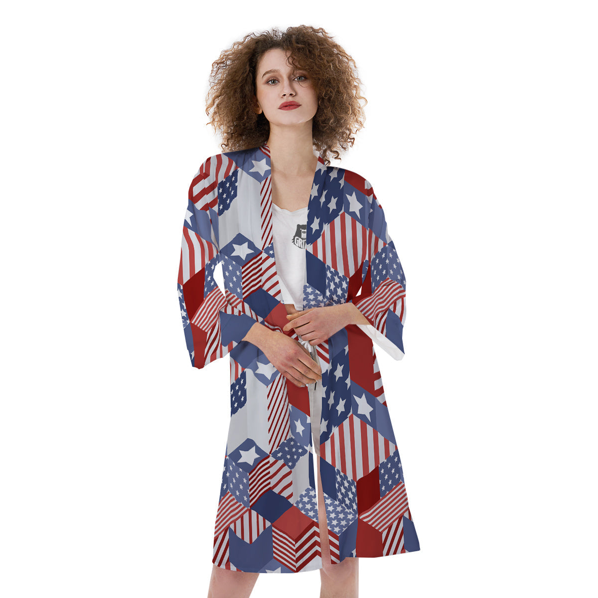 Patchwork American Patriotic Print Kimono-grizzshop