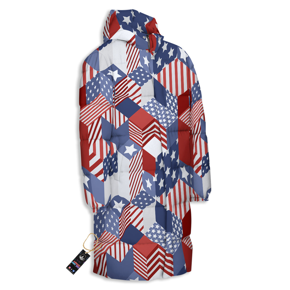 Patchwork American Patriotic Print Long Down Jacket-grizzshop