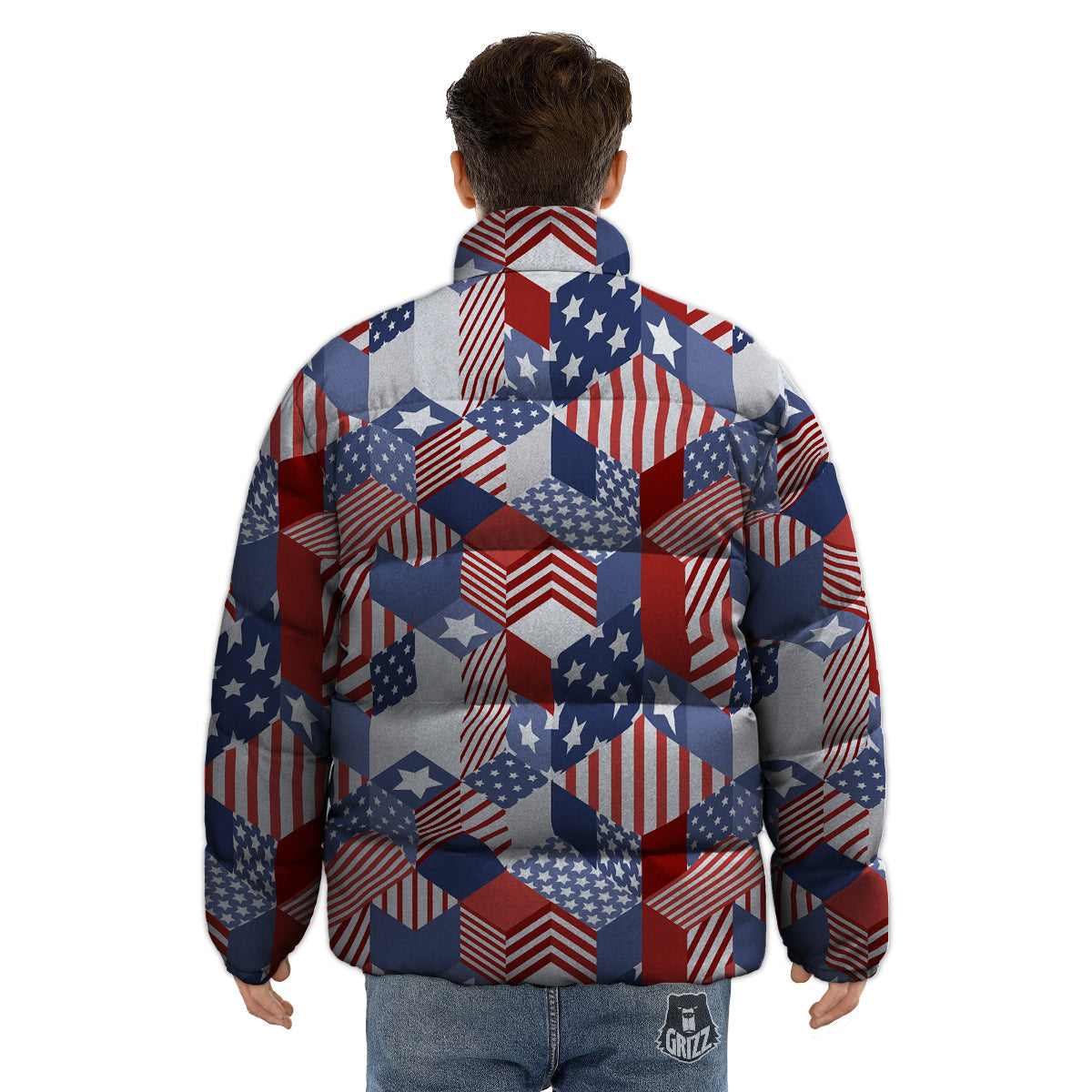Patchwork American Patriotic Print Puffer Jacket-grizzshop