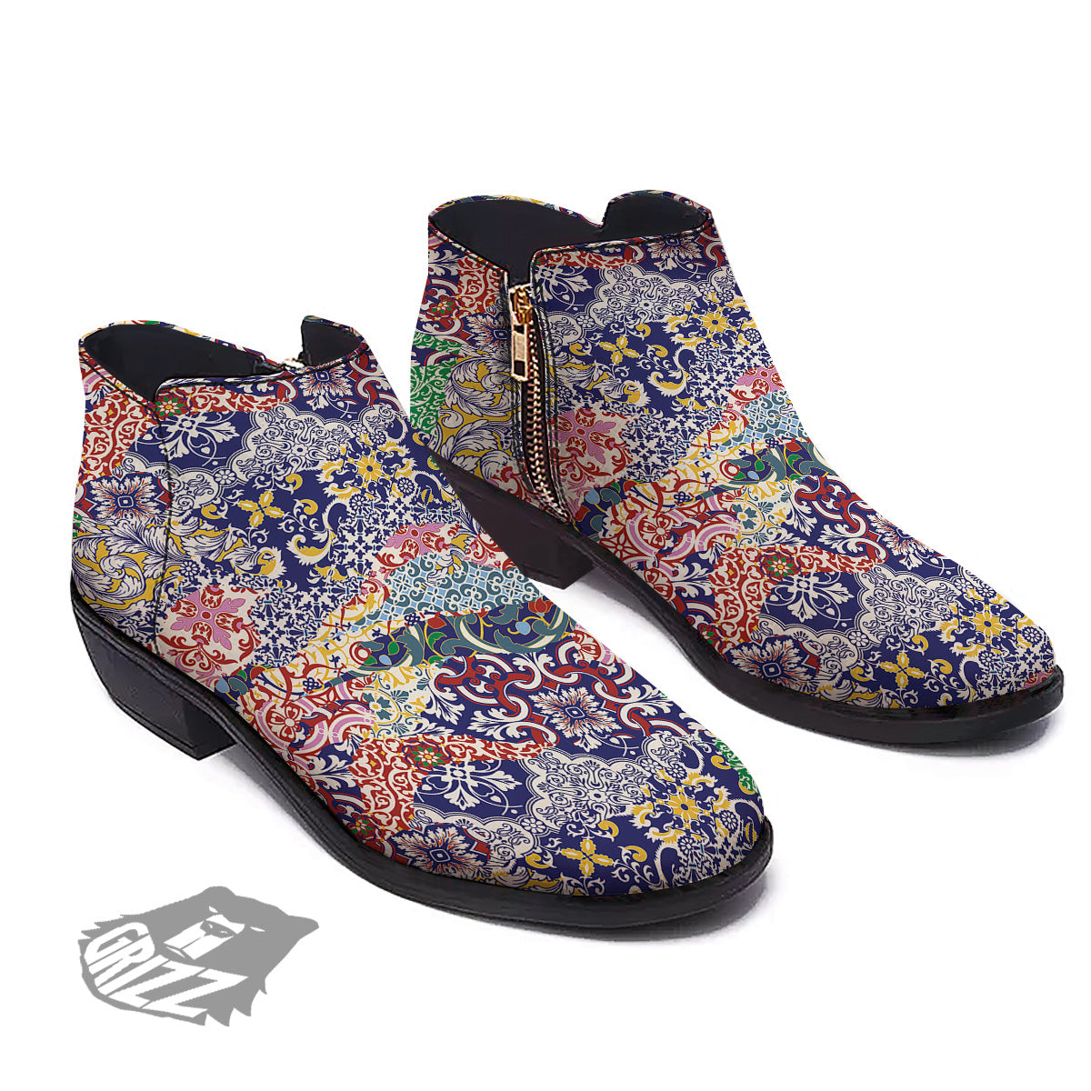 Patchwork Azulejos Tiles Print Pattern Ankle Boots-grizzshop