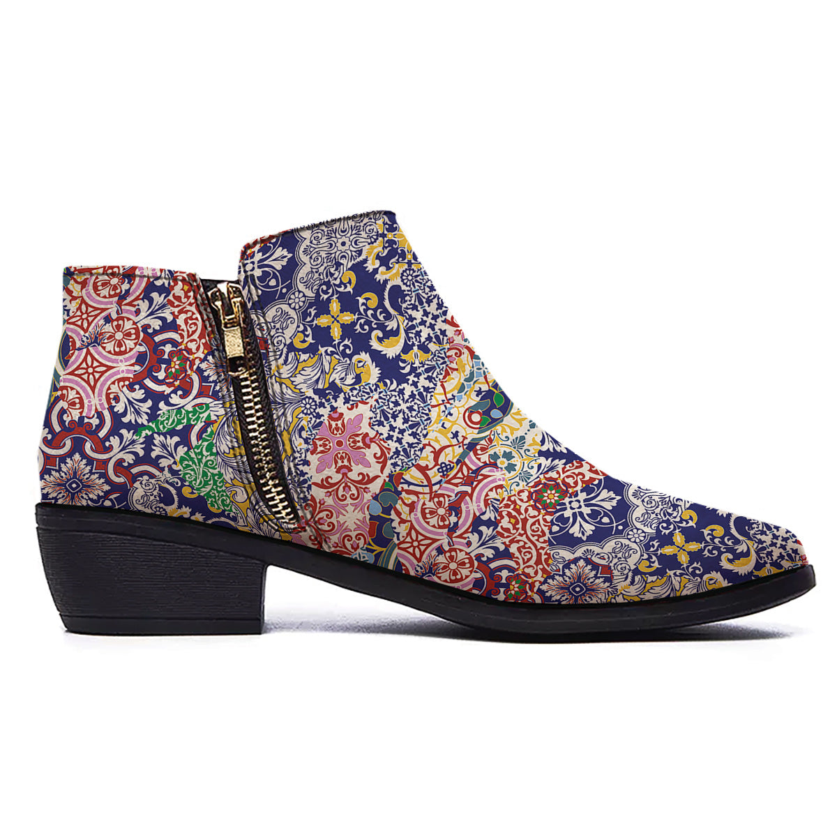 Patchwork Azulejos Tiles Print Pattern Ankle Boots-grizzshop