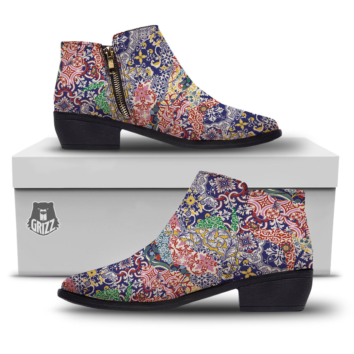 Patchwork Azulejos Tiles Print Pattern Ankle Boots-grizzshop
