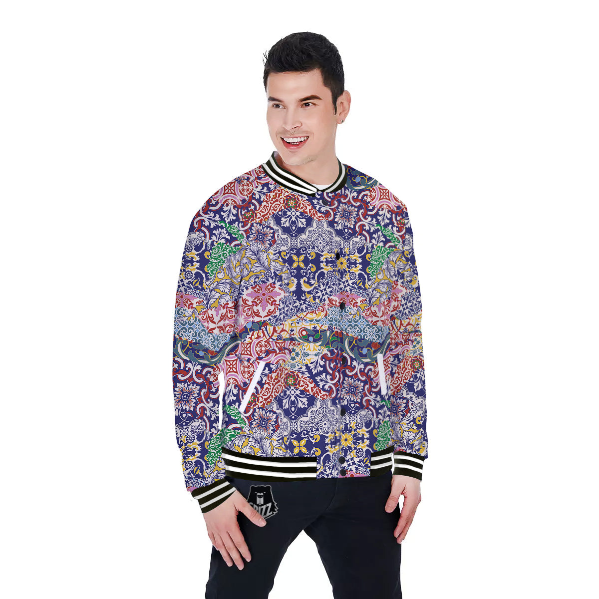 Patchwork Azulejos Tiles Print Pattern Baseball Jacket-grizzshop