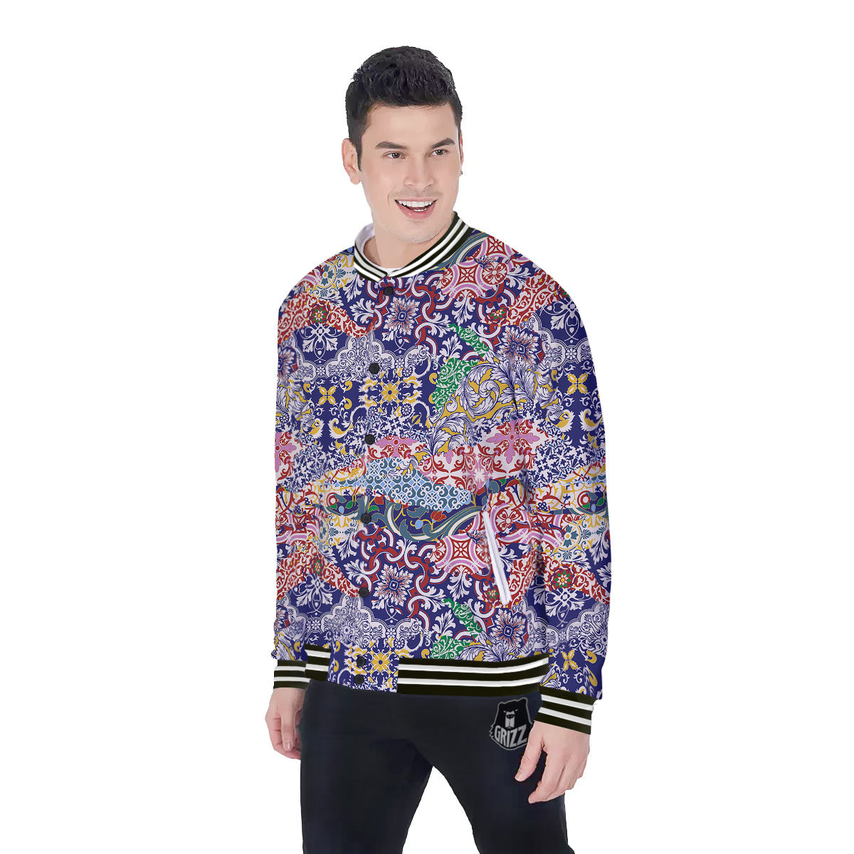Patchwork Azulejos Tiles Print Pattern Baseball Jacket-grizzshop