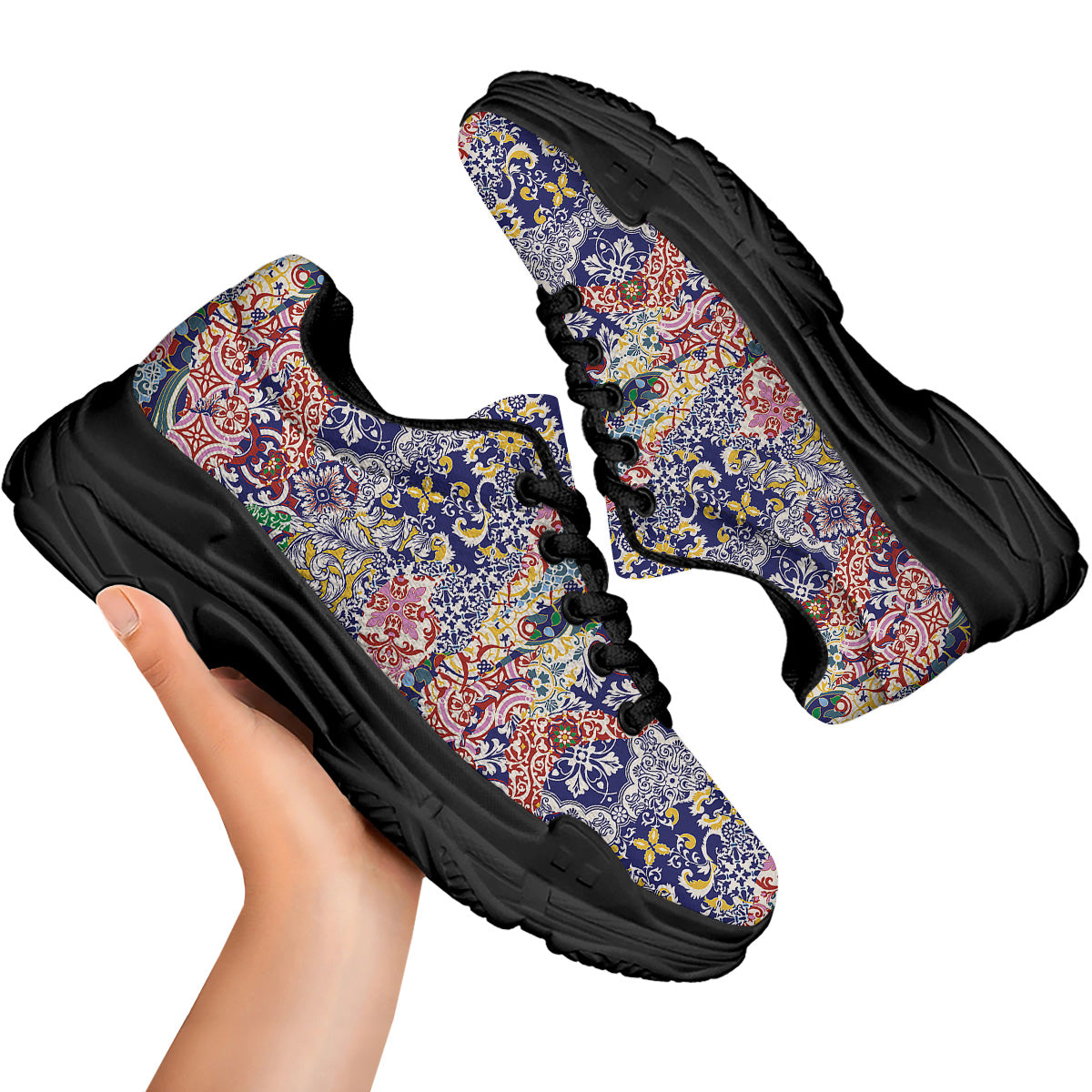 Patchwork Azulejos Tiles Print Pattern Black Chunky Shoes-grizzshop