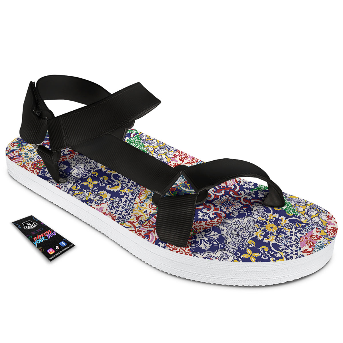 Patchwork Azulejos Tiles Print Pattern Black Open Toe Sandals-grizzshop