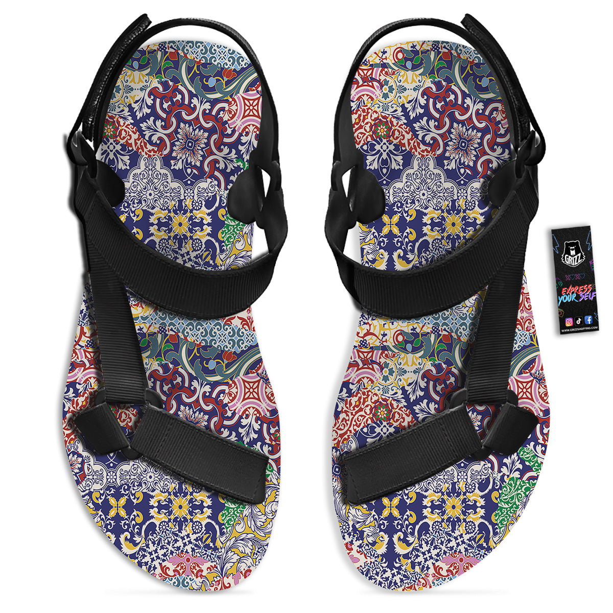 Patchwork Azulejos Tiles Print Pattern Black Open Toe Sandals-grizzshop