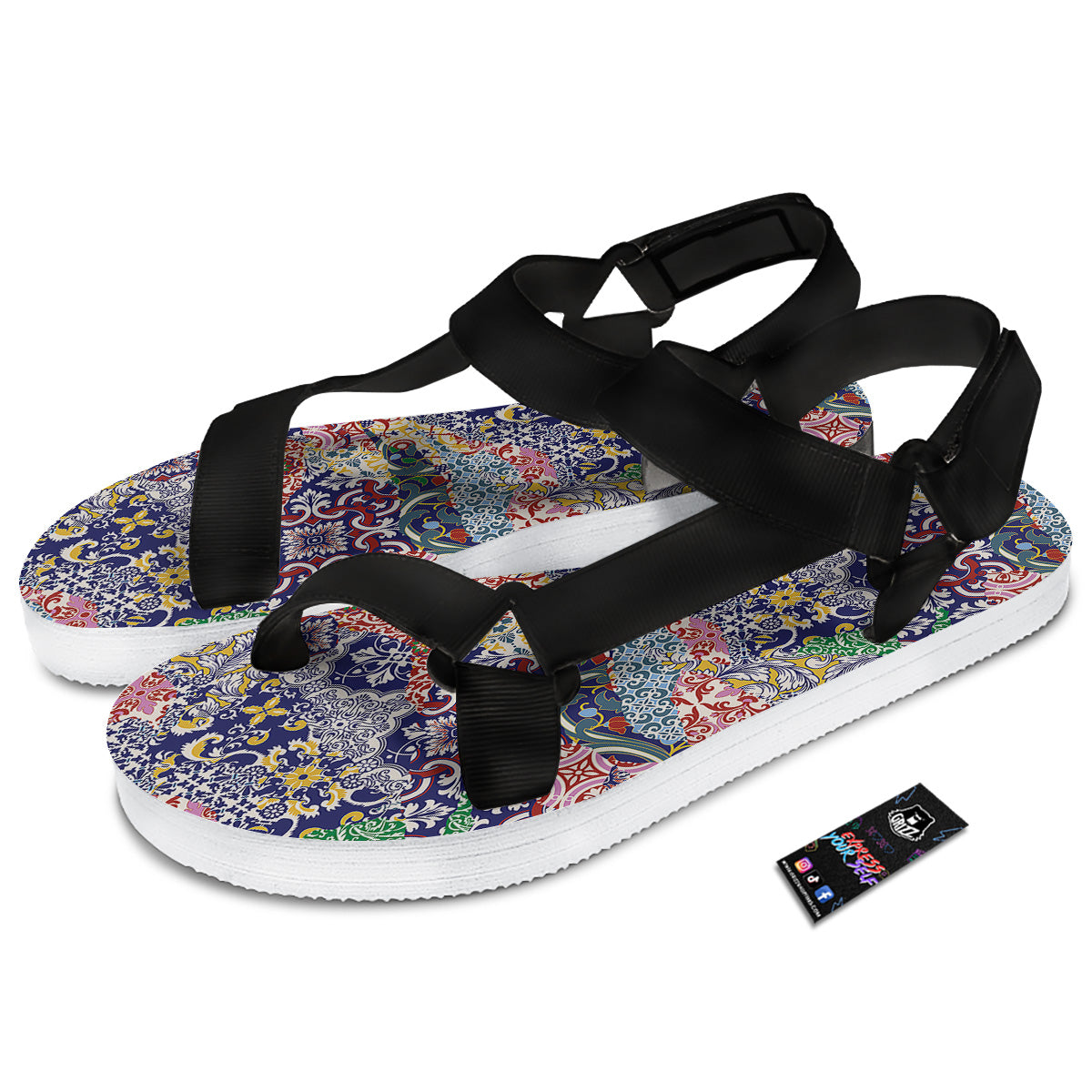 Patchwork Azulejos Tiles Print Pattern Black Open Toe Sandals-grizzshop