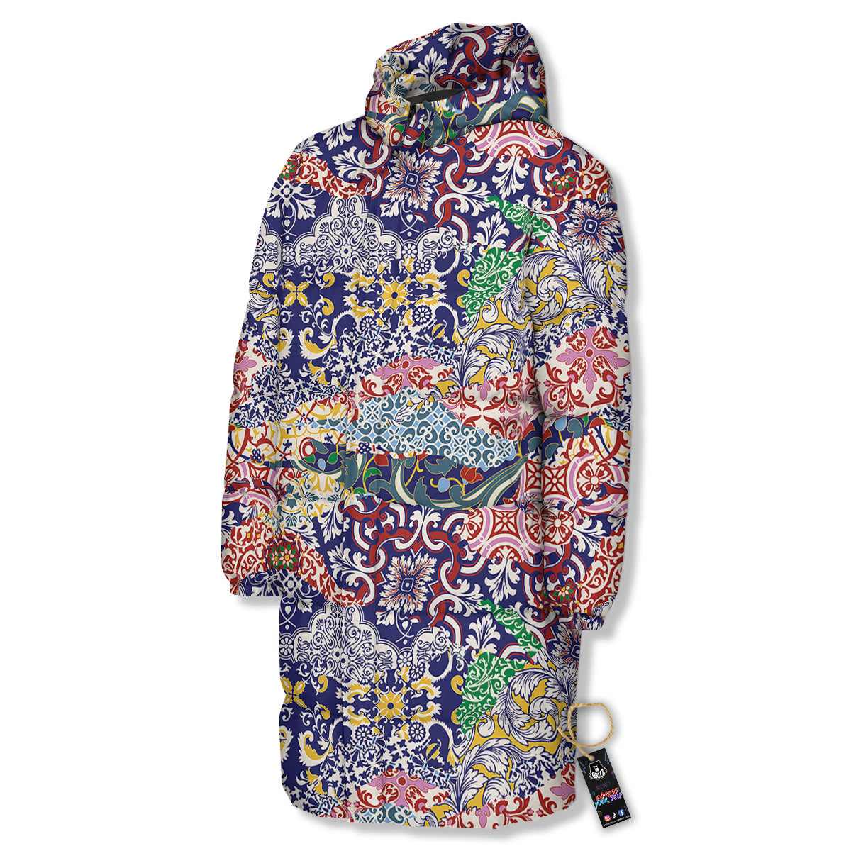 Patchwork Azulejos Tiles Print Pattern Long Down Jacket-grizzshop