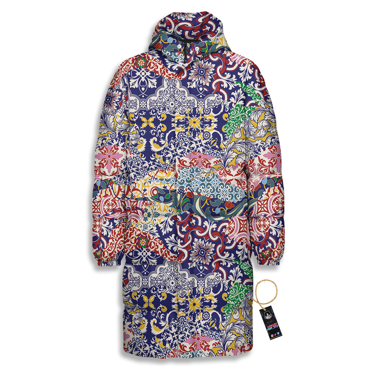 Patchwork Azulejos Tiles Print Pattern Long Down Jacket-grizzshop