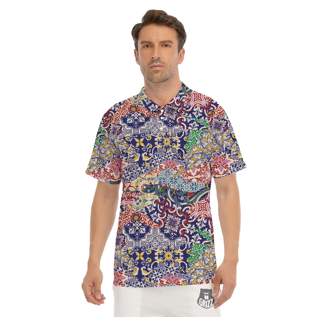 Patchwork Azulejos Tiles Print Pattern Men's Golf Shirts-grizzshop
