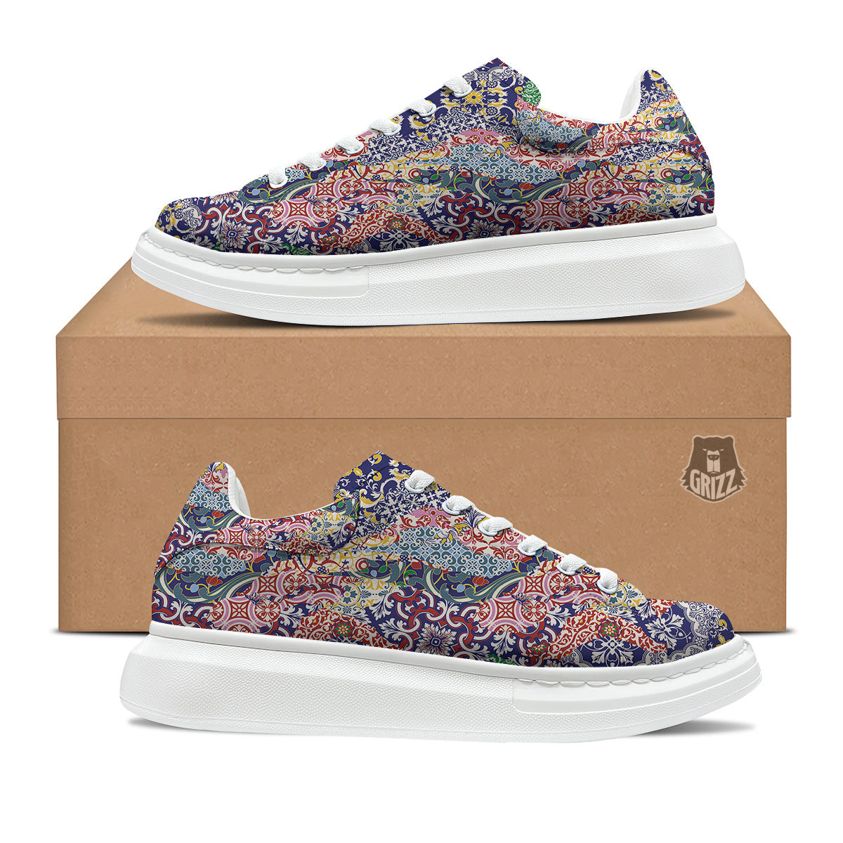 Patchwork Azulejos Tiles Print Pattern Platform Shoes-grizzshop