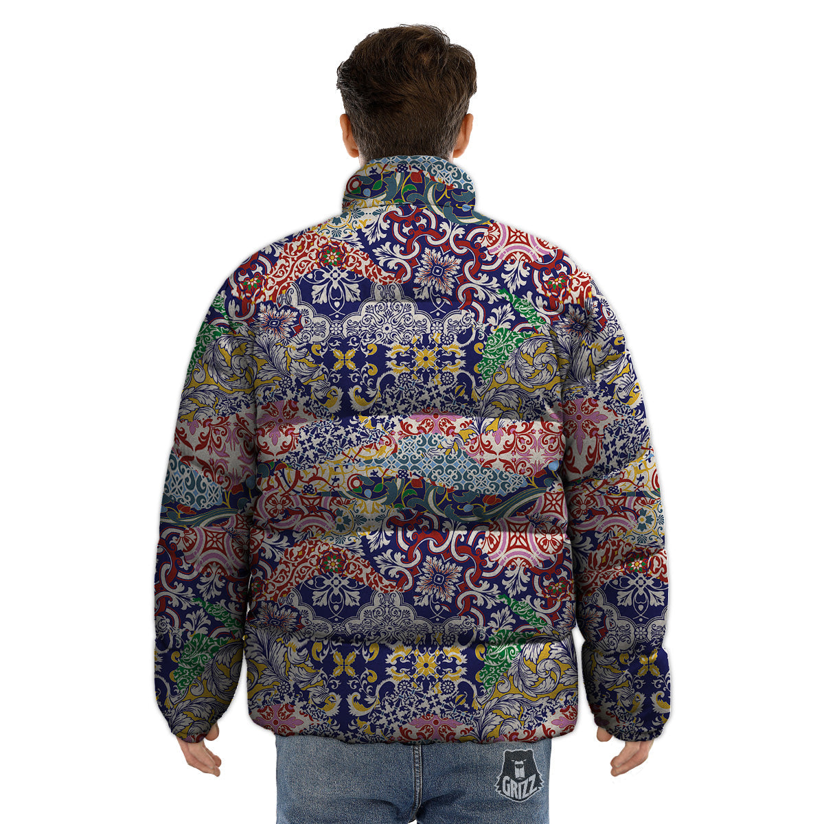 Patchwork Azulejos Tiles Print Pattern Puffer Jacket-grizzshop