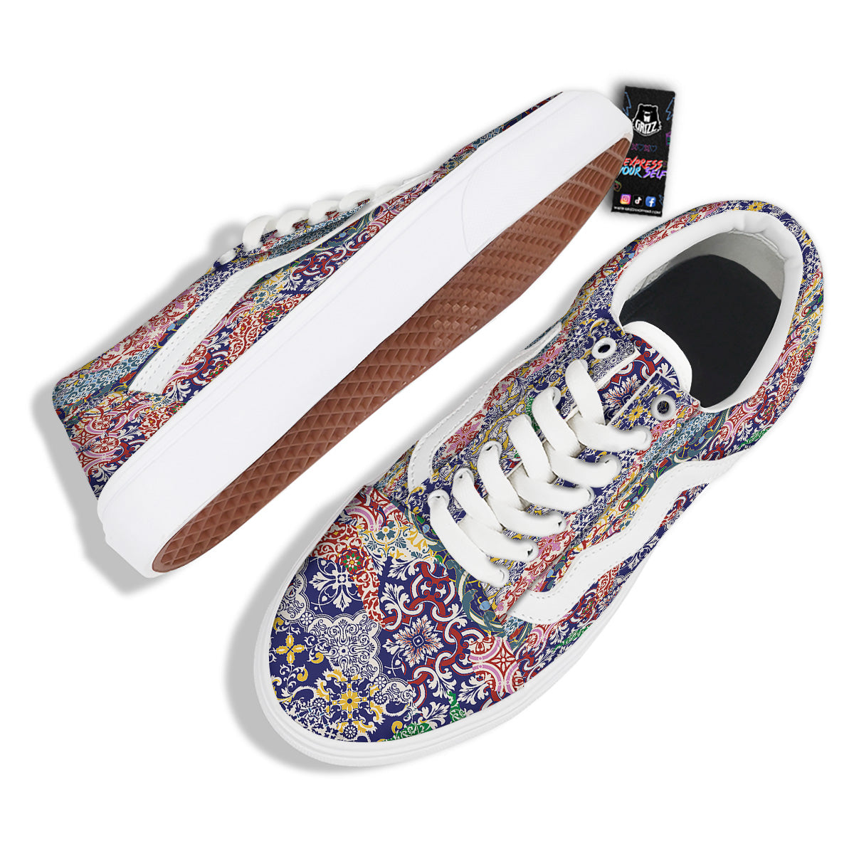 Patchwork Azulejos Tiles Print Pattern Skate Shoes-grizzshop