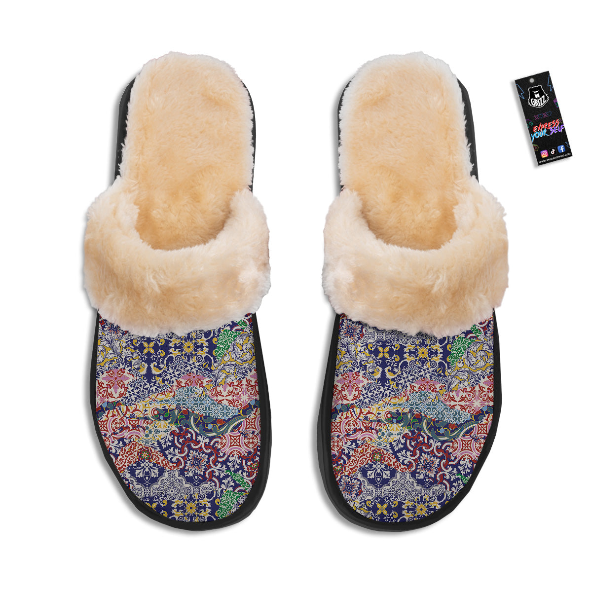 Patchwork Azulejos Tiles Print Pattern Slippers-grizzshop