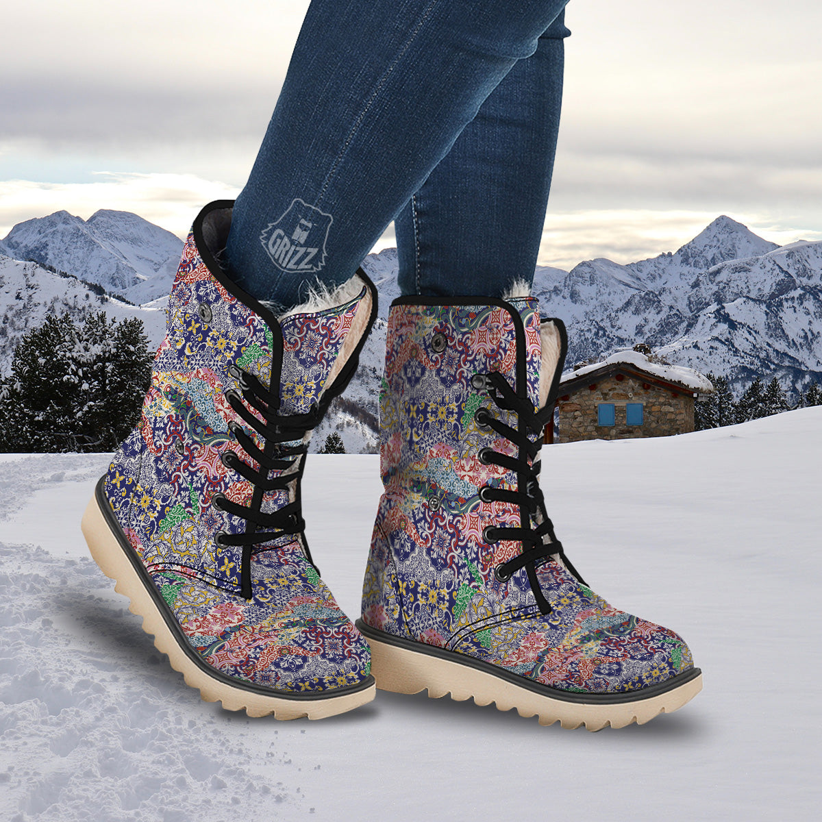 Patchwork Azulejos Tiles Print Pattern Snow Boots-grizzshop