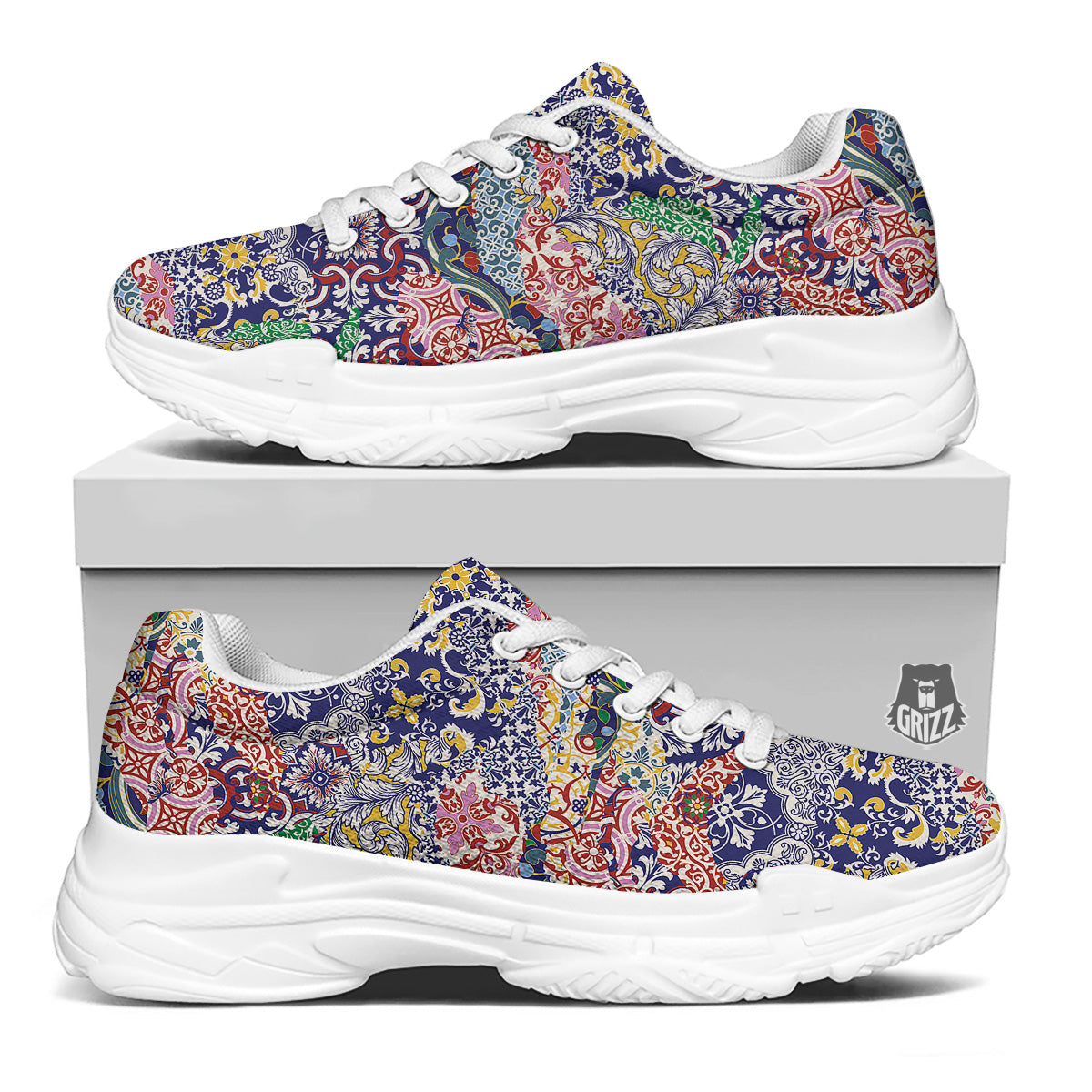 Patchwork Azulejos Tiles Print Pattern White Chunky Shoes-grizzshop