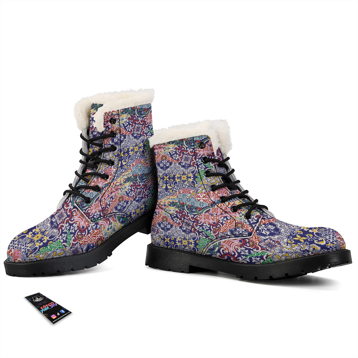 Patchwork Azulejos Tiles Print Pattern Winter Boots-grizzshop