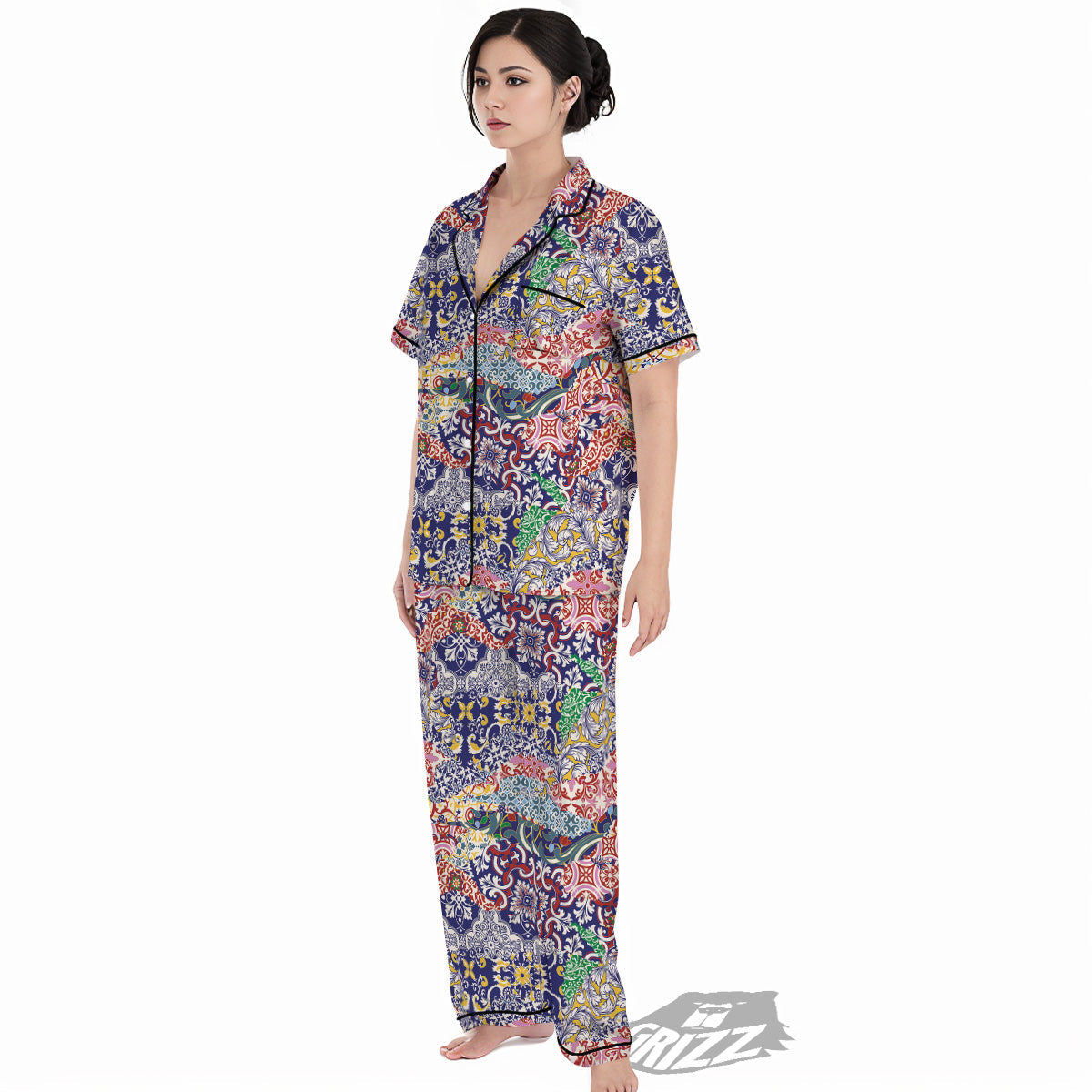 Patchwork Azulejos Tiles Print Pattern Women's Pajamas Set-grizzshop
