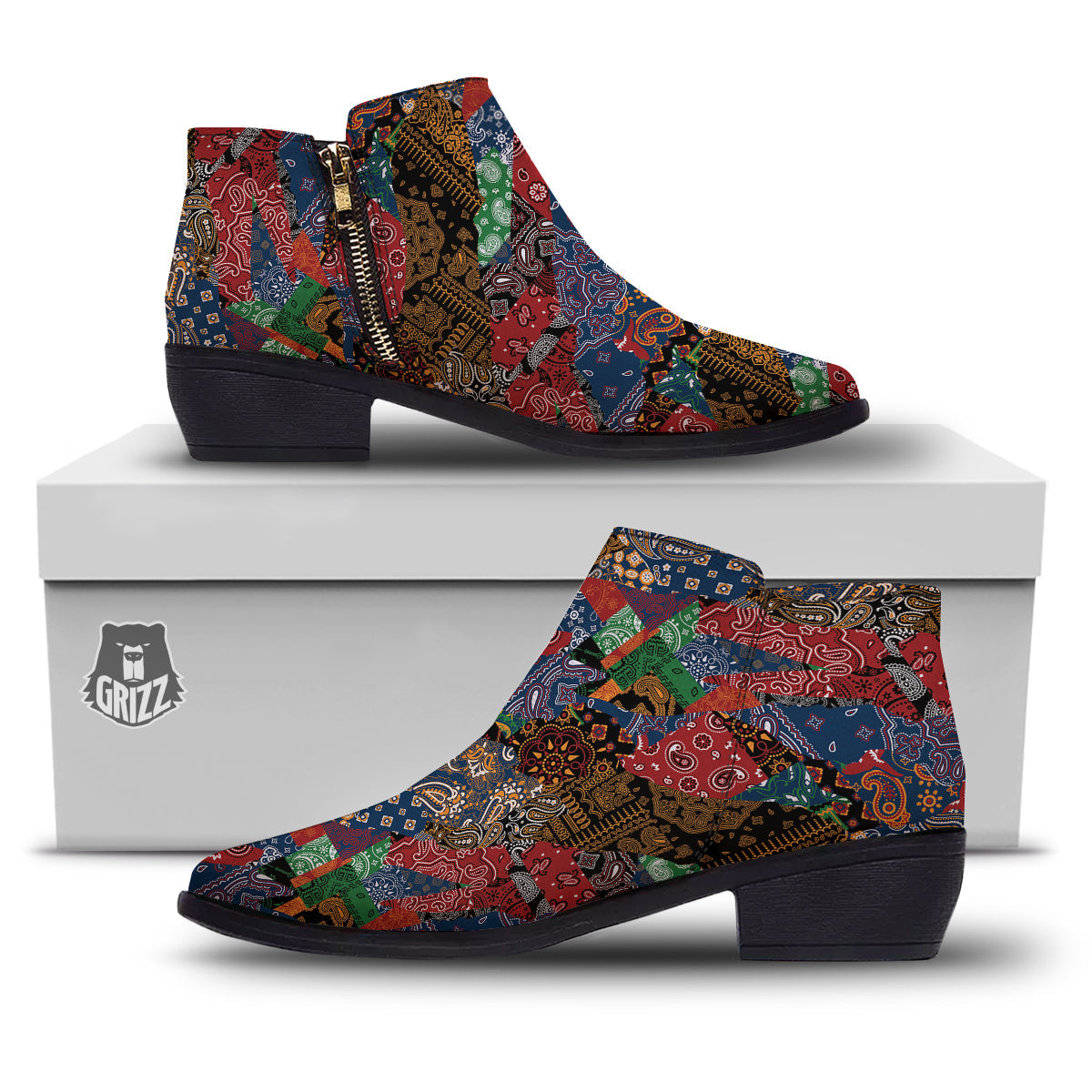 Patchwork Bandanna Print Pattern Ankle Boots-grizzshop