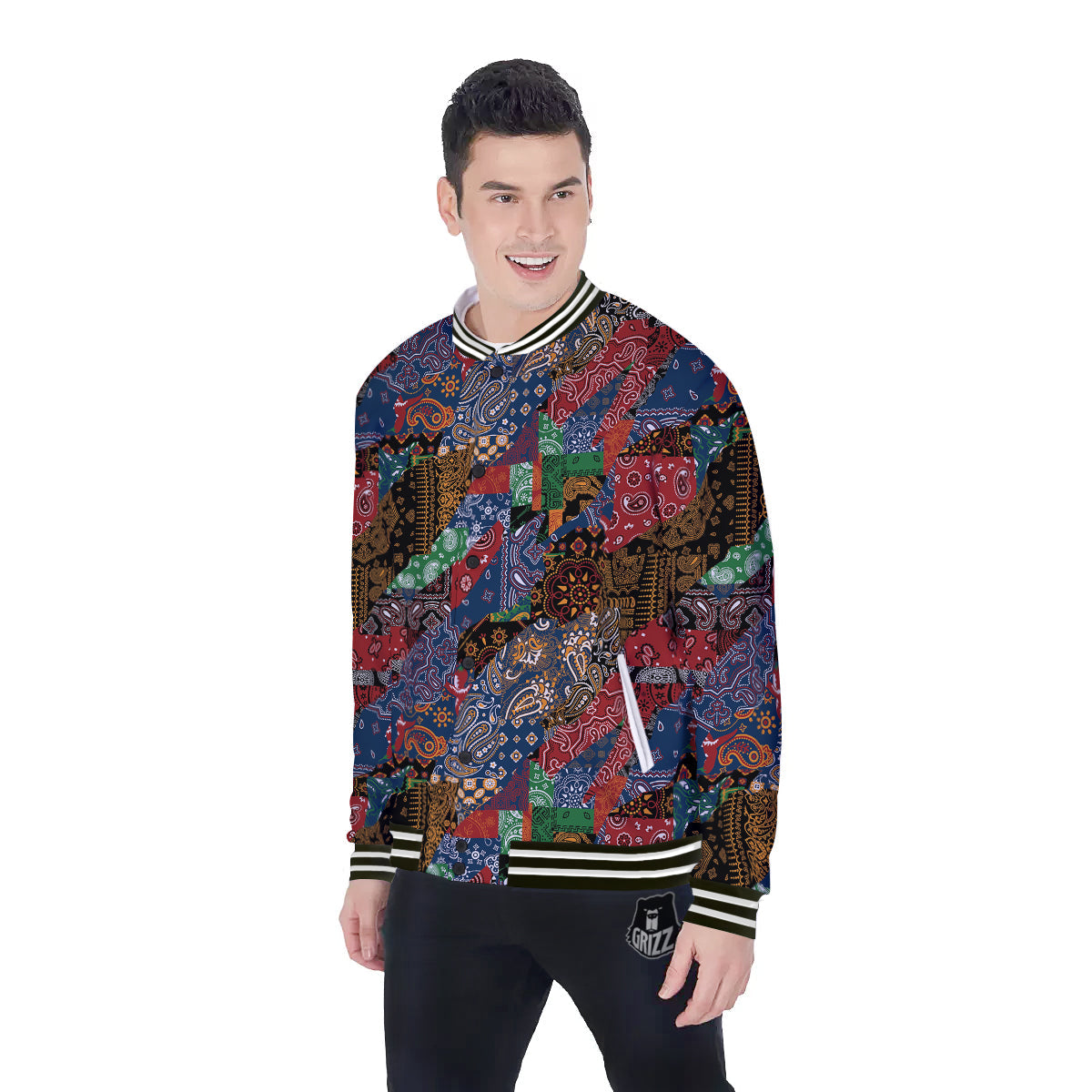 Patchwork Bandanna Print Pattern Baseball Jacket-grizzshop