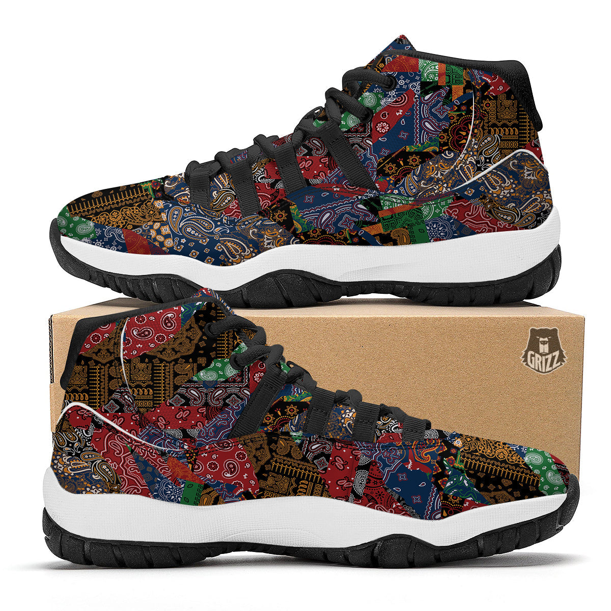 Patchwork Bandanna Print Pattern Black Bball Shoes-grizzshop