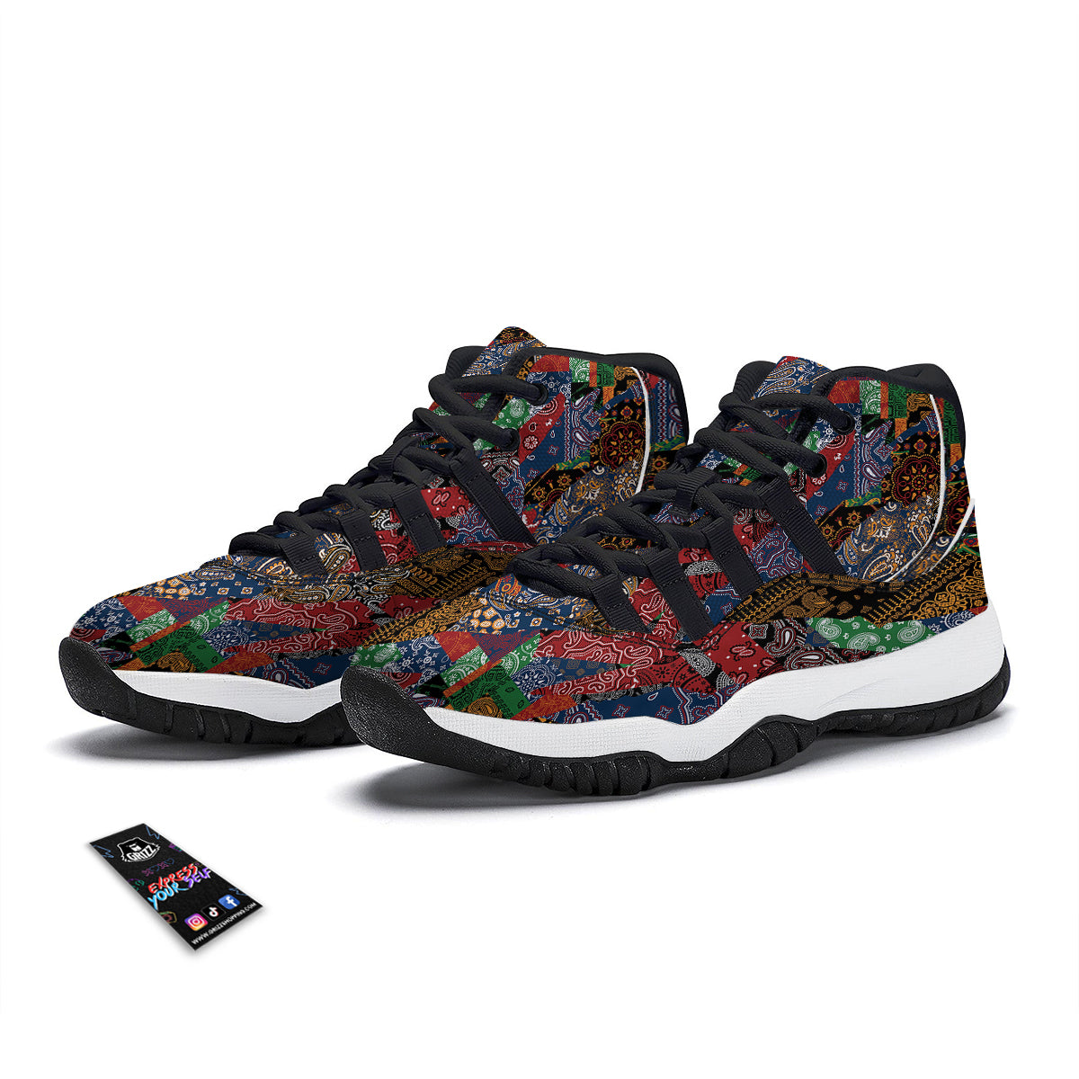 Patchwork Bandanna Print Pattern Black Bball Shoes-grizzshop