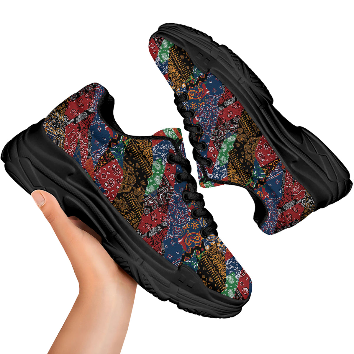 Patchwork Bandanna Print Pattern Black Chunky Shoes-grizzshop