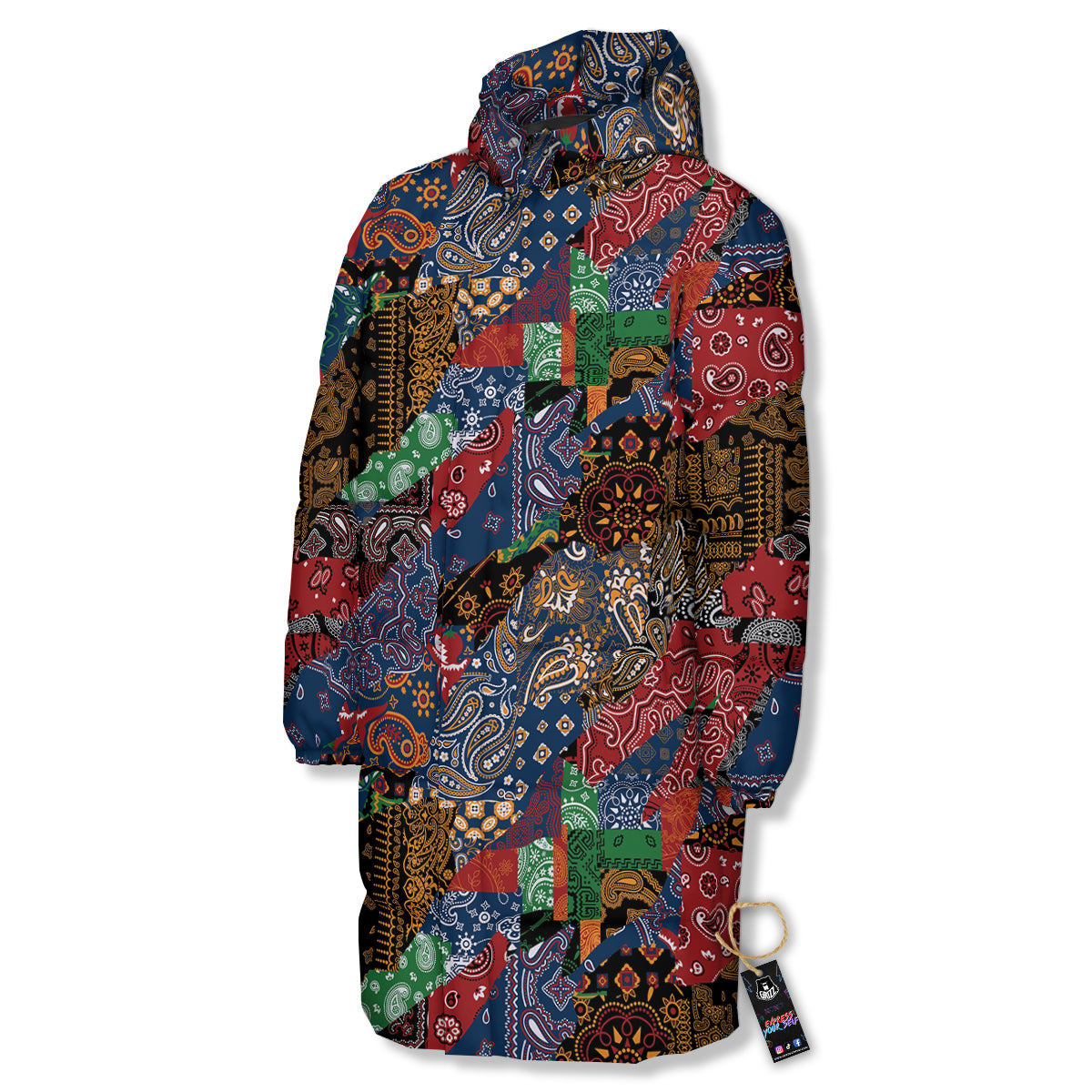 Patchwork Bandanna Print Pattern Long Down Jacket-grizzshop