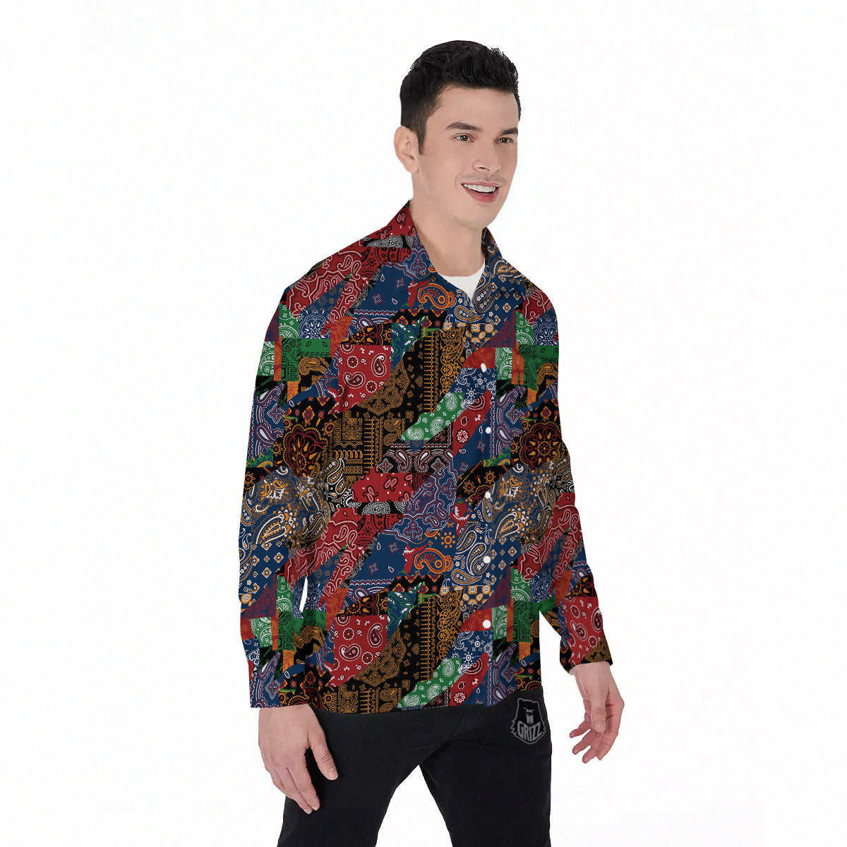 Patchwork Bandanna Print Pattern Men's Long Sleeve Shirts-grizzshop