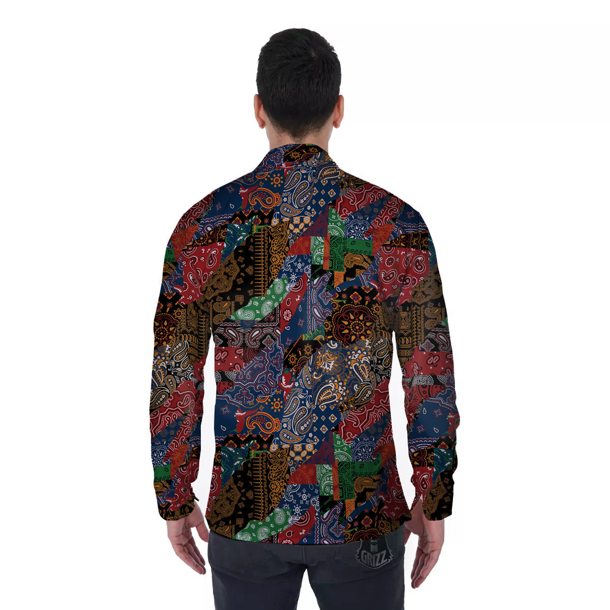 Patchwork Bandanna Print Pattern Men's Long Sleeve Shirts-grizzshop