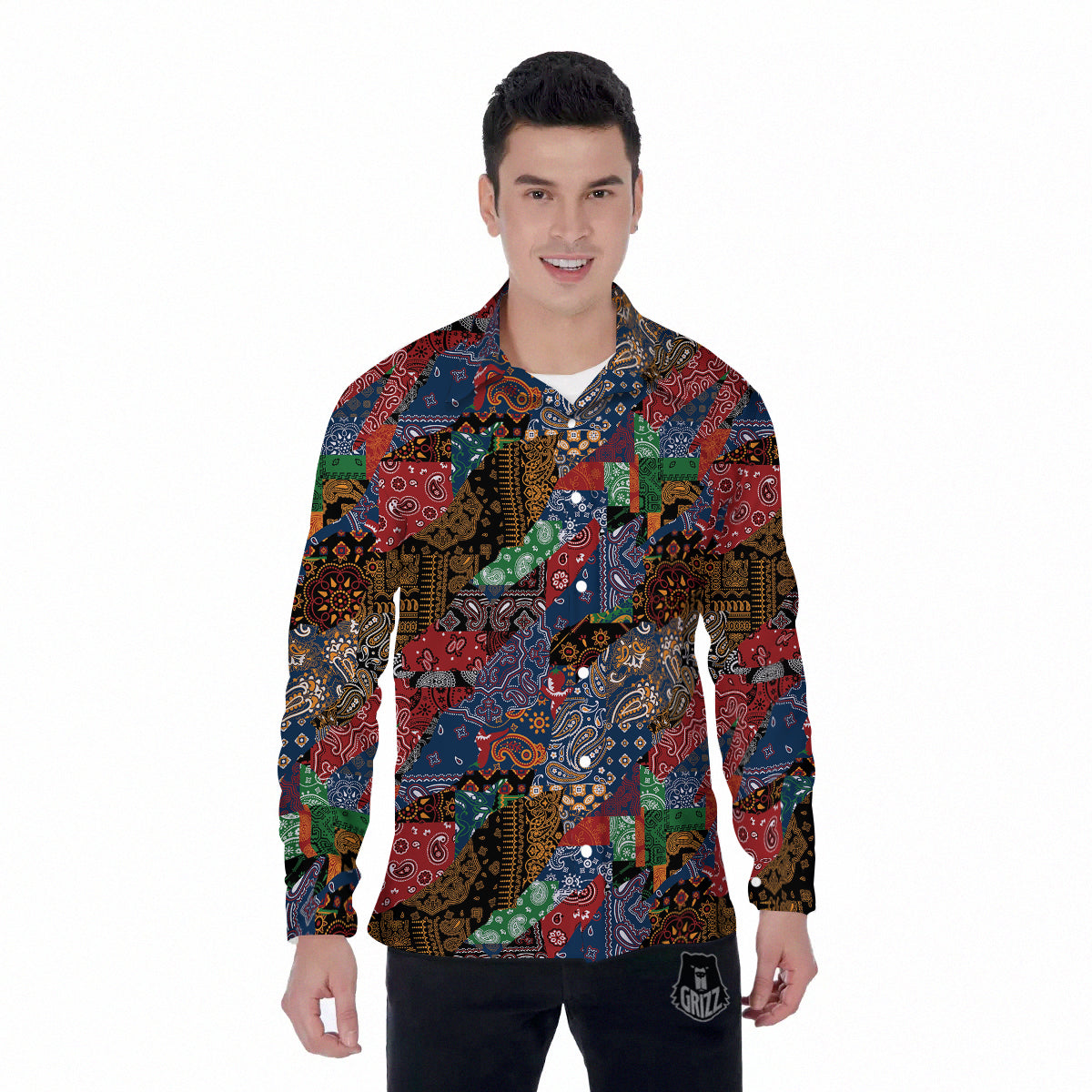 Patchwork Bandanna Print Pattern Men's Long Sleeve Shirts-grizzshop