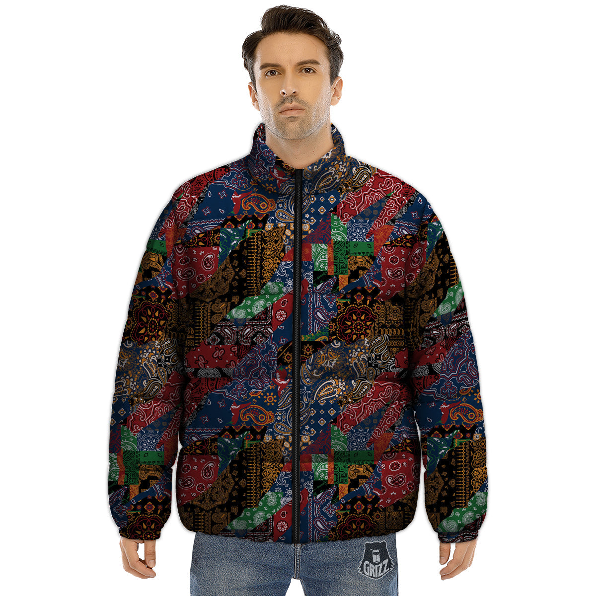 Patchwork Bandanna Print Pattern Puffer Jacket-grizzshop