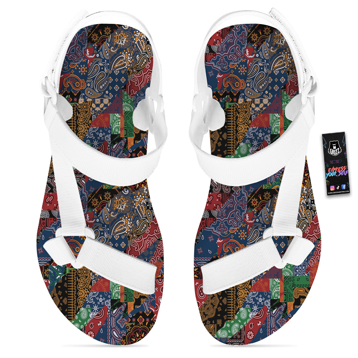 Patchwork Bandanna Print Pattern White Open Toe Sandals-grizzshop