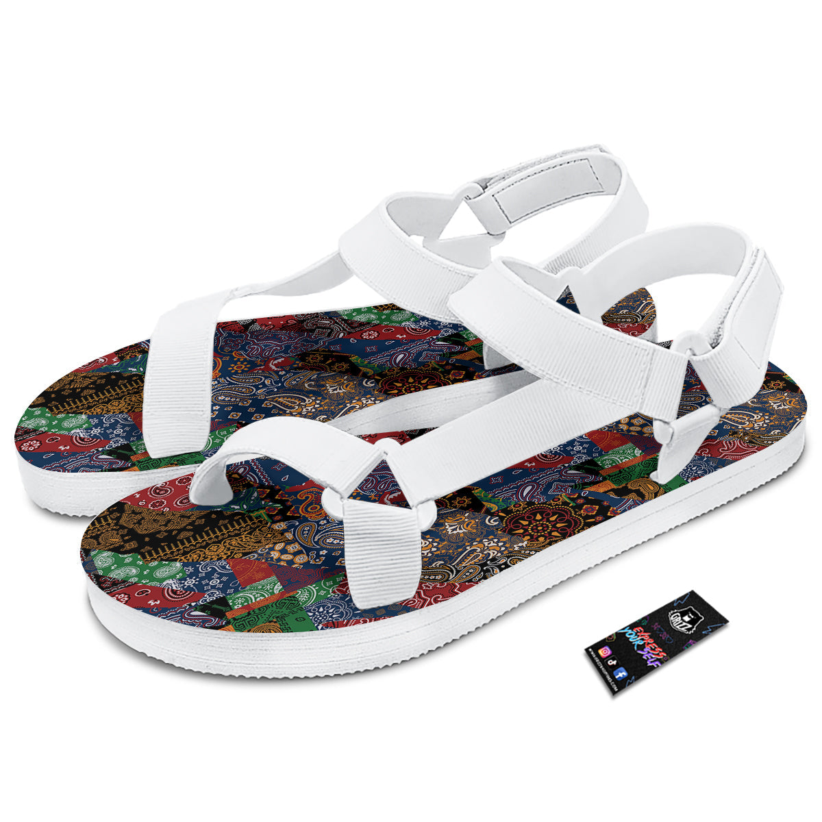 Patchwork Bandanna Print Pattern White Open Toe Sandals-grizzshop