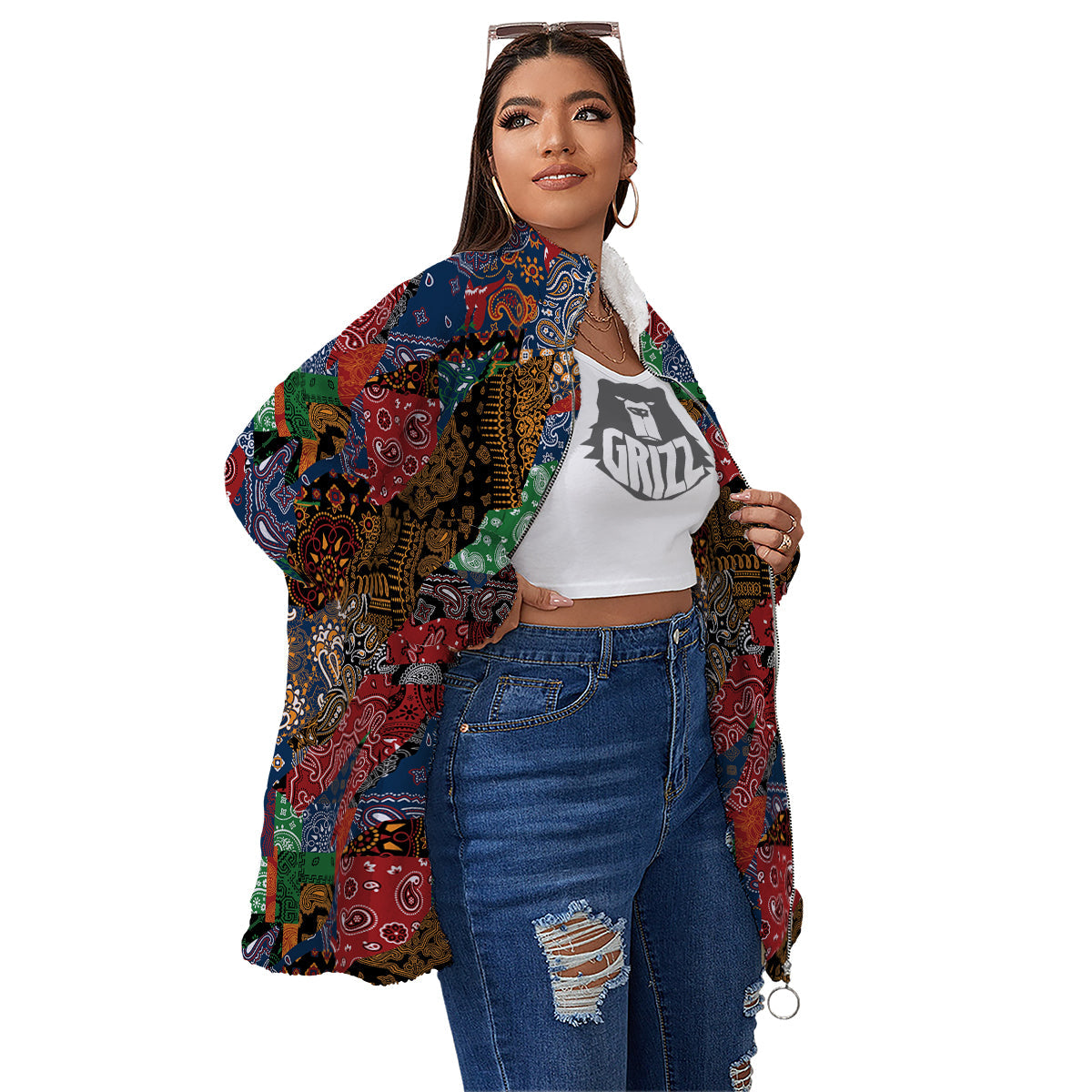 Patchwork Bandanna Print Pattern Women's Sherpa Jacket-grizzshop