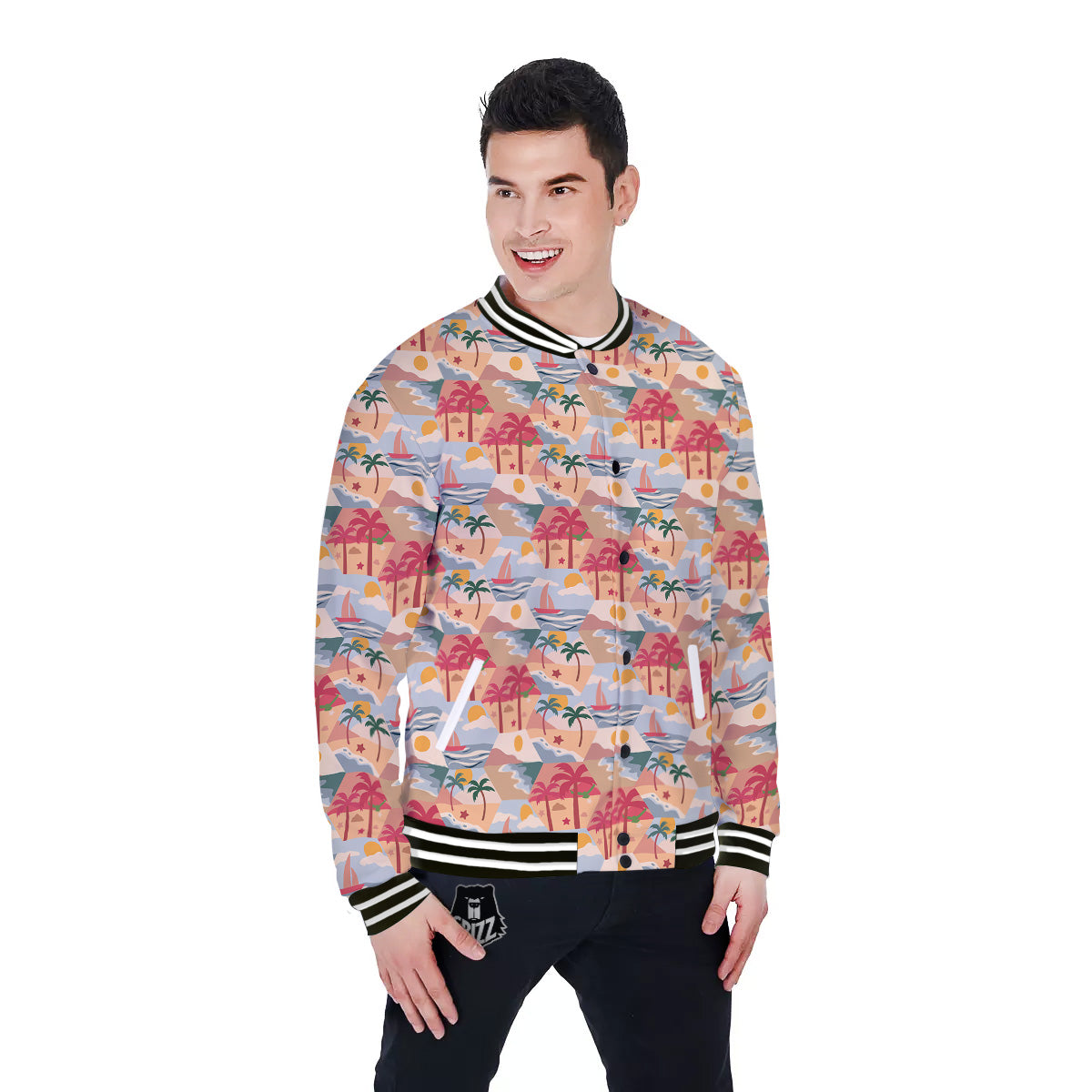 Patchwork Beach And Sunset Sky Print Pattern Baseball Jacket-grizzshop