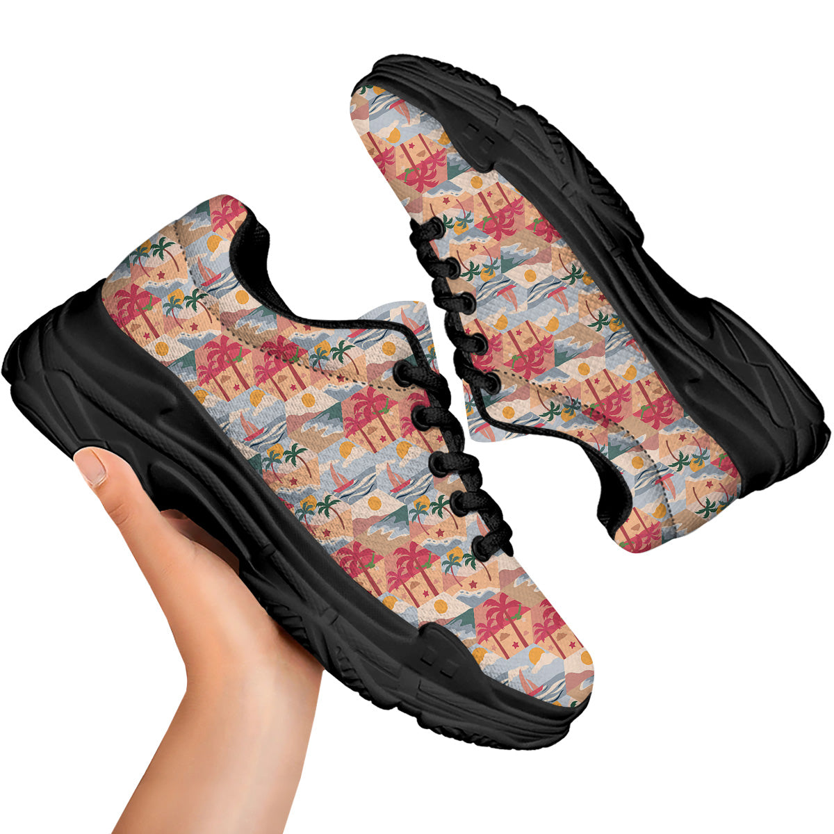 Patchwork Beach And Sunset Sky Print Pattern Black Chunky Shoes-grizzshop
