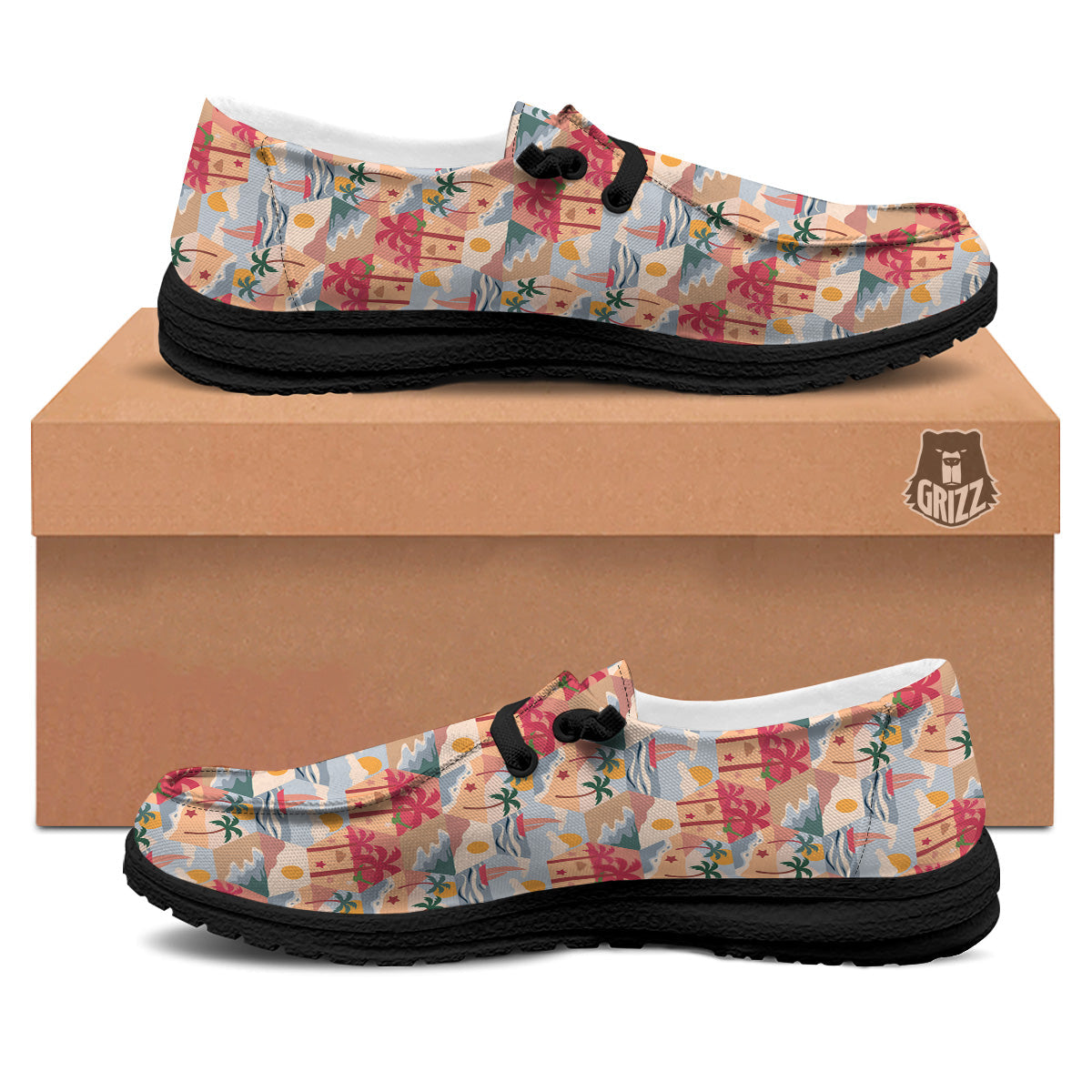 Patchwork Beach And Sunset Sky Print Pattern Black Loafers-grizzshop