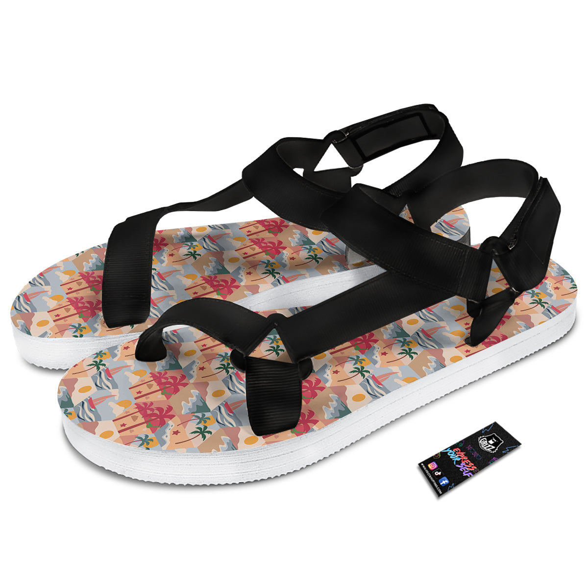 Patchwork Beach And Sunset Sky Print Pattern Black Open Toe Sandals-grizzshop