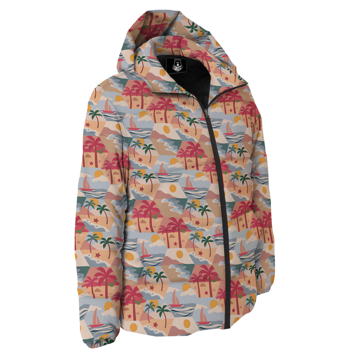 Patchwork Beach And Sunset Sky Print Pattern Down Jacket-grizzshop