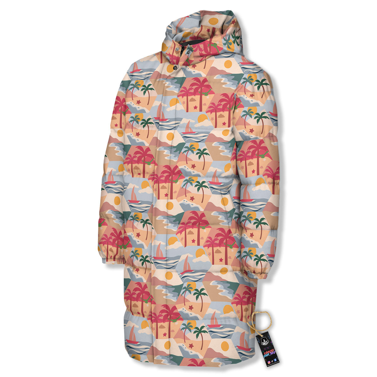 Patchwork Beach And Sunset Sky Print Pattern Long Down Jacket-grizzshop