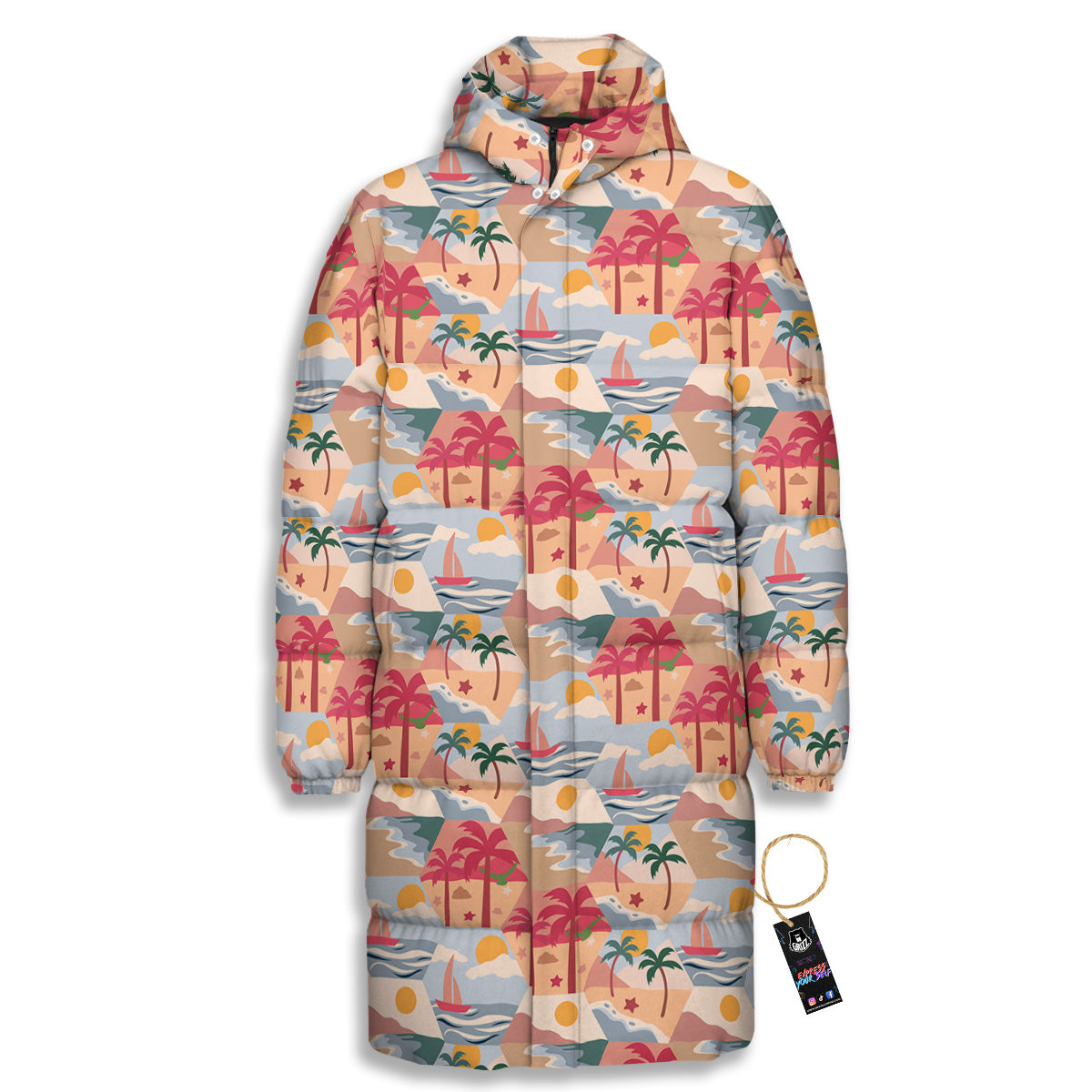 Patchwork Beach And Sunset Sky Print Pattern Long Down Jacket-grizzshop